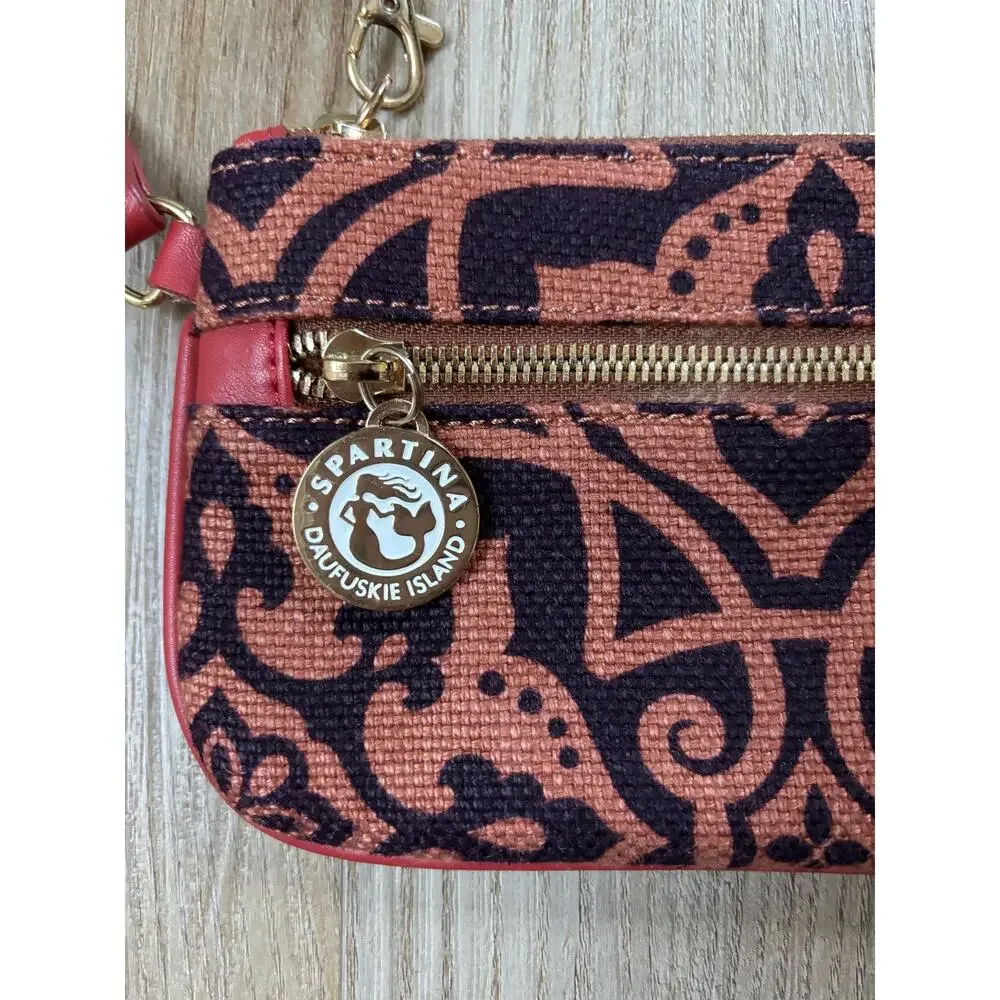 Spartina 449 Purple Orange Linen Leather Zip‎ Wristlet Mermaid Charm Pouch